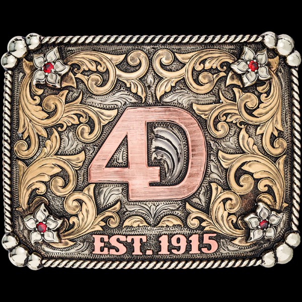 The Coyotes Edge Custom Belt Buckle features flowers, and a simple bead and rope edge. Showcase your logo, ranch brand, initials or choose a western figure to customize with!